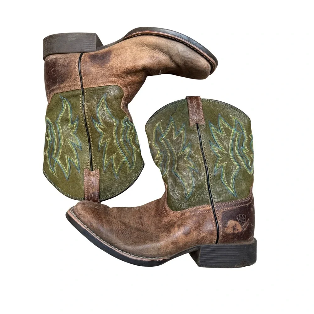 Ariat‎ Kids Square Toe Western Cowboy Boots Brown Green Stitching Pull-On size 4